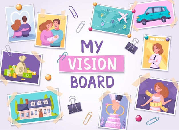 Vision  board  cartoon illustration  with  travel  and  family  symbols