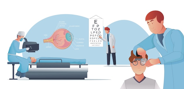 Free Vector vision correction flat illustration with ophthalmologists checking sight selecting lenses for glasses performing laser surgery vector illustration