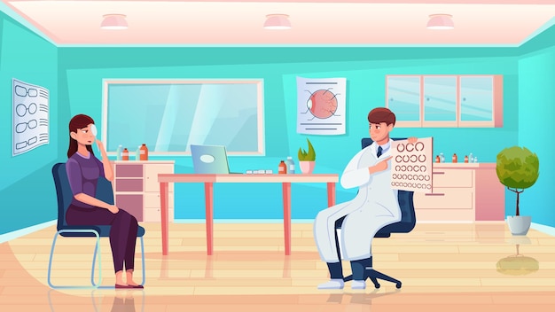 Vision test flat composition with ophthalmologist checking patient sight in cabinet illustration