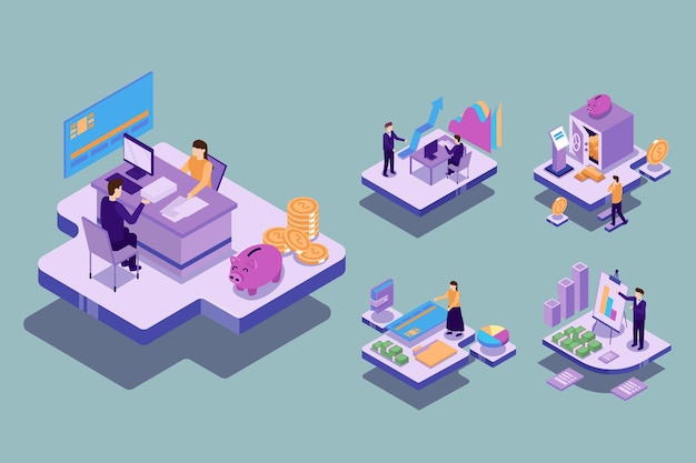 Visual with young businessman and woman have meeting plan to work and create finance target. Technology working concept, isometric illustration