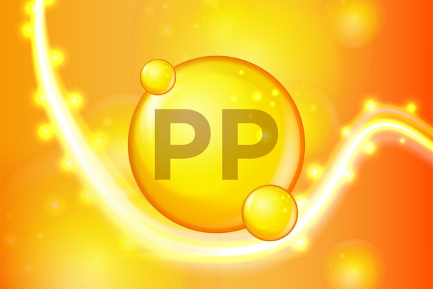 Vitamin PP gold shining pill capsule icon Vitamin complex with Chemical formula shine gold sparkles medical and pharmaceutical ads Vector illustration