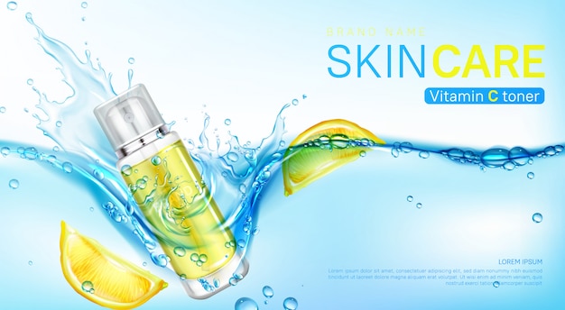 Free Vector vitamin toner banner, cosmetics bottle in water