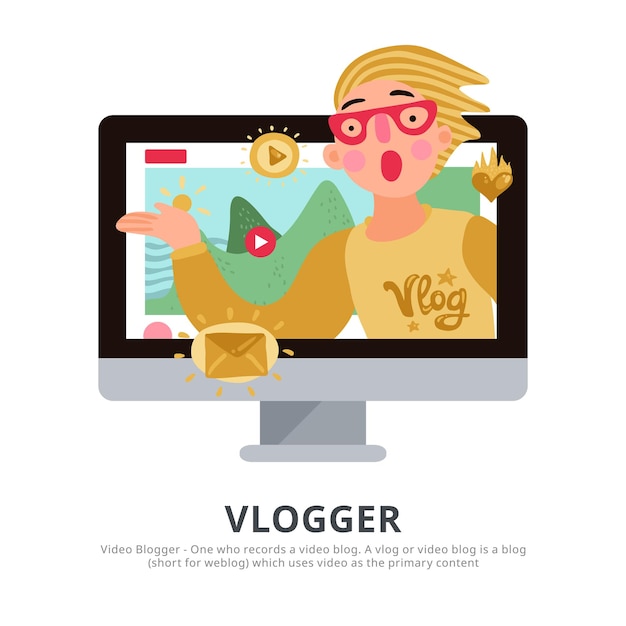 Free Vector vlogger person with travel tips blog symbols flat