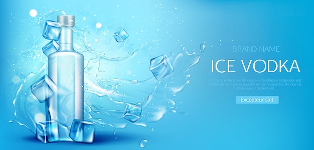 Vodka bottle with ice cubes promo banner