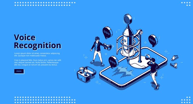 Voice recognition banner. AI technologies for recording sound, dictate messages and speech. landing page with isometric illustration of microphone, smartphone with soundwaves and people