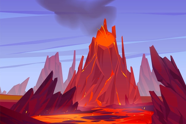 Free vector volcanic eruption with lava, fire and smoke