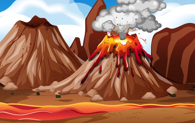 Volcano eruption in nature scene at daytime