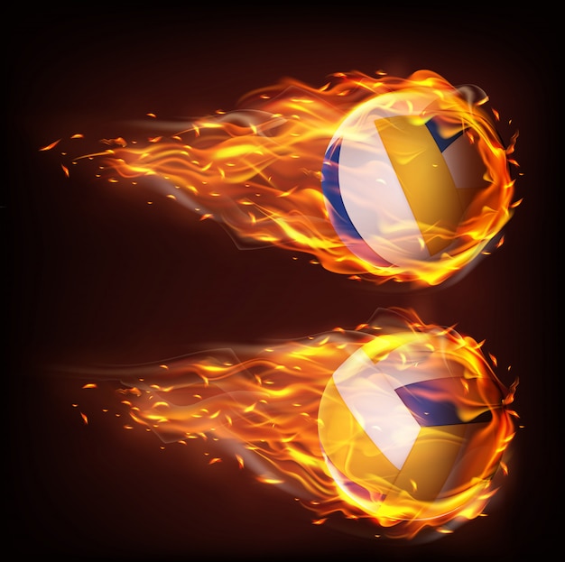 Free Vector volleyball balls flying in fire, falling in flame