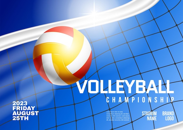 Free Vector volleyball championship realistic horizontal poster with ball and net on blue background vector illustration