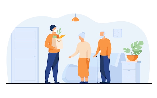 Free Vector volunteer delivering food parcels for elderly people isolated flat vector illustration. cartoon old people meeting courier in protective mask. delivery service and isolation concept