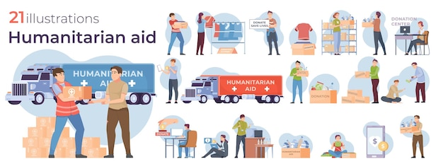 Volunteers collecting donations and giving humanitarian aid to people flat composition set isolated vector illustration