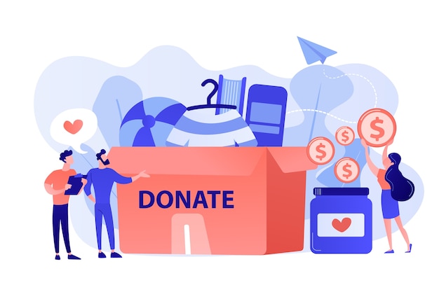 Free Vector volunteers collecting goods for charity into huge donation box and donating coins into jar. donation, charity donation funds, gift in kind concept. pinkish coral bluevector isolated illustration