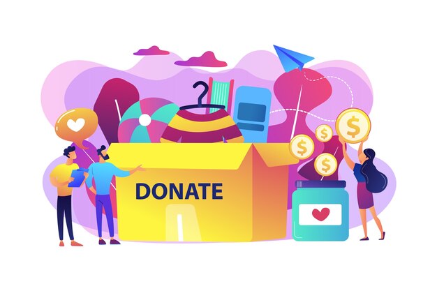 Volunteers collecting goods for charity into huge donation box and donating coins into jar. Donation, charity donation funds, gift in kind concept.  