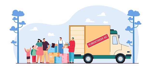 Free Vector volunteers and family next to humanitarian aid van. people giving boxes with food to refugees flat vector illustration. charity, support, assistance concept for banner, website design or landing page