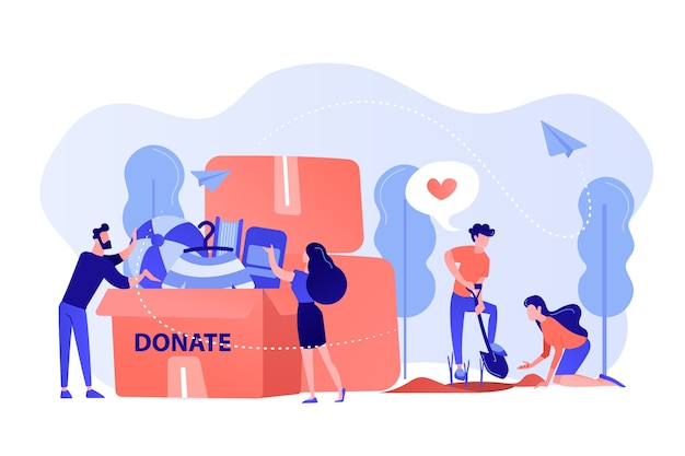 Volunteers like helping, planting seeds and donating clothes and toys into a box. Volunteering, volunteer services, altruistic job activity concept. Pinkish coral bluevector isolated illustration