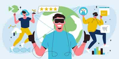 Free vector vr flat concept with people wearing augmented reality headsets vector illustration