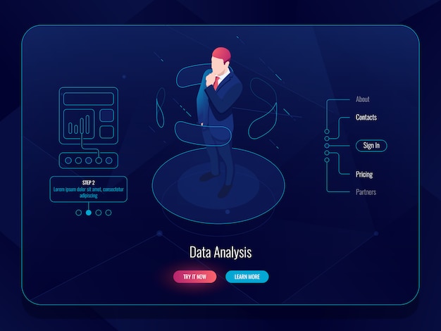 VR Virtual reality isometric, man stay on platform and choosing options, data analysis concept