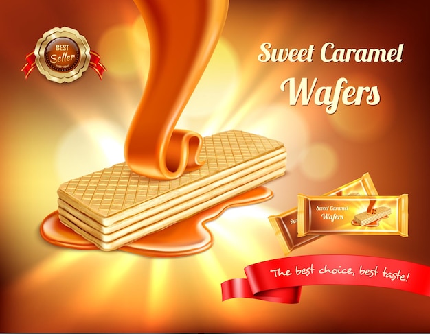 Free Vector wafer realistic banner with blurs lights and pouring caramel with editable text and packging