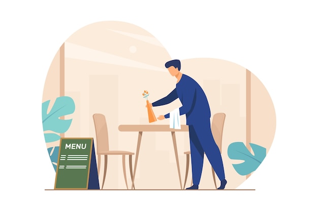 Waiter preparing cafe for opening. Restaurant worker cleaning table after customers leaving flat vector illustration. Catering, service, job