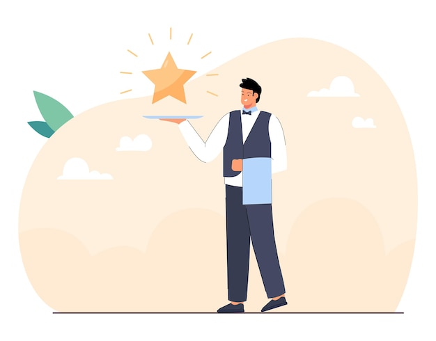 Waiter serving gold quality star for VIP customers. Funny person holding tray with premium gift or bonus, working in restaurant service flat vector illustration. Advertisement, hospitality concept