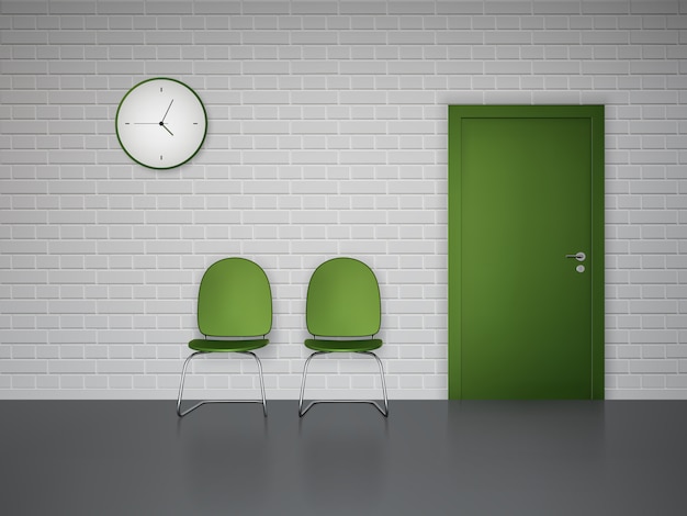 Free Vector waiting room interior with wall clock green chairs and door 