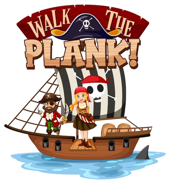 Walk The Plank font banner with a pirate cartoon character