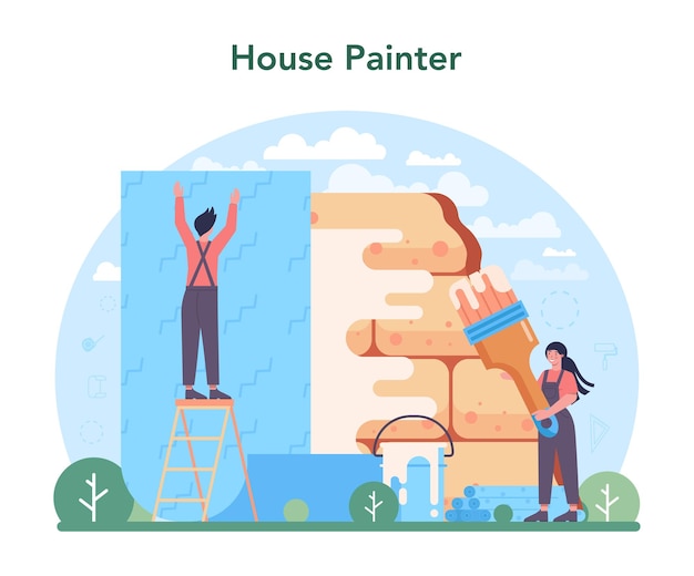 Wall papering Worker gluing wallpapers on the wall Professional worker in the uniform repair house Home renovation Isolated vector illustration