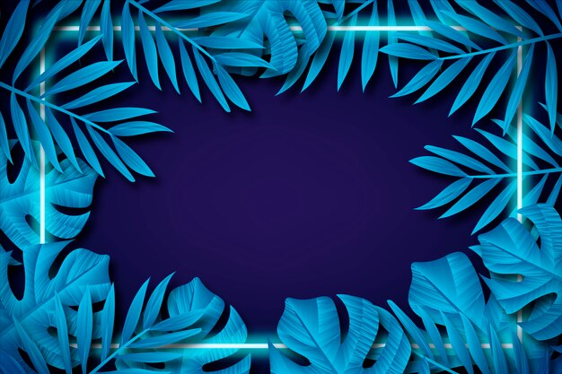 Wallpaper with realistic leaves with neon frame concept