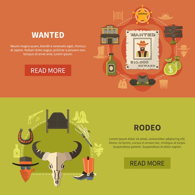 Free Vector wanted bandit and rodeo banners