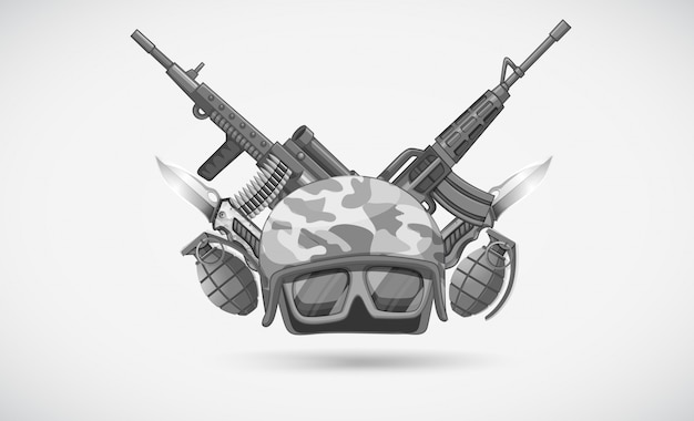 War theme with helmet and weapons