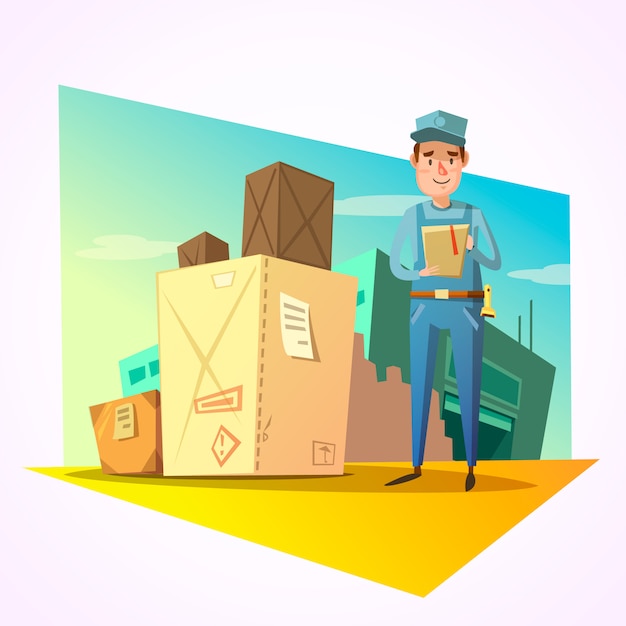 Free Vector warehouse concept with delivery worker and shipping boxes 