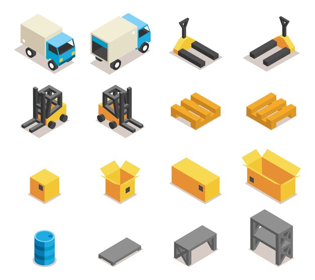 Warehouse equipment icon set. Transportation and forklift, cargo and box, logistic and delivery, 