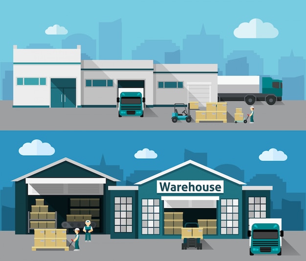 Free Vector warehouse flat banner set