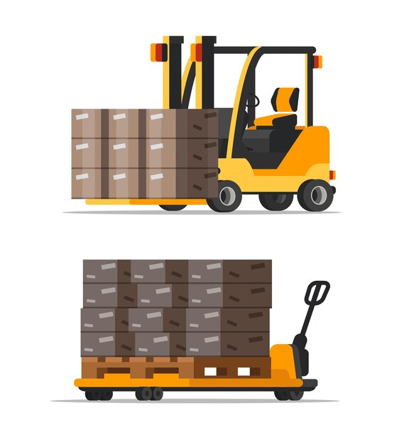 Warehouse forklifts with boxes set yellow mechanical loader storehouse mall professional machinery equipment