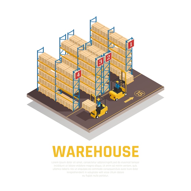 Warehouse isometric composition of racks with boxes and workers loading cargo by forklift 