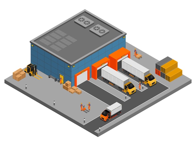 Free vector warehouse isometric composition with view of building and gates with trucks boxes and containers with workers vector illustration