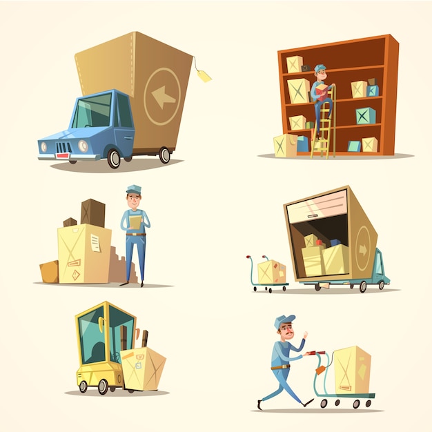 Free vector warehouse retro cartoon set