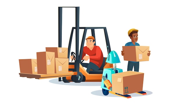 Free vector warehouse staff, forklift and robot with boxes