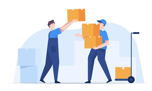 Free vector warehouse staff wearing uniform loading parcel box and checking product from warehouse delivery and logistic storage and truck transportation industry delivery and logistic business delivery