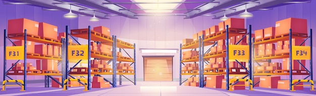 Free Vector warehouse with cardboard boxes on metal racks