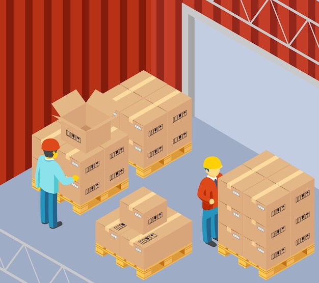 Warehouse with cardboard boxes on pallets. Package and storekeeper, worker and man, delivery container