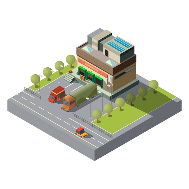 Warehouse with cargo cars 3d isometric