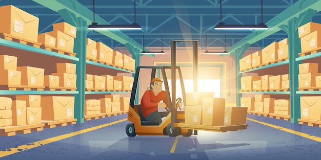 Warehouse with man worker forklift and boxes