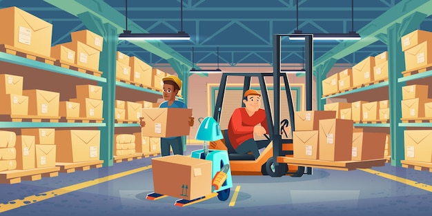 Warehouse with worker in forklift, man and robot holding cardboard boxes. Vector cartoon illustration of storage room interior with goods on metal racks, lift truck with driver and autonomous robot