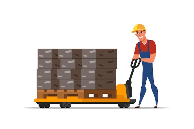 Free Vector warehouse worker handymen loading cardboard boxes storehouse employee using forklifter professional equipment