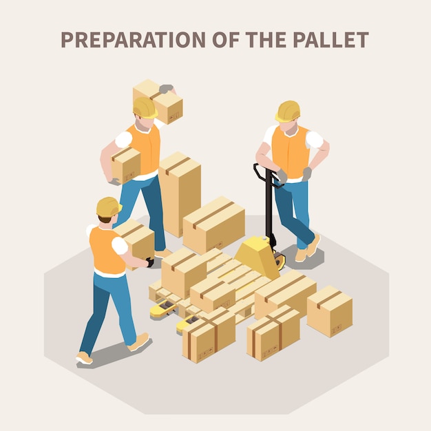 Warehouse workers putting cardboard boxes on wooden pallet 3d isometric vector illustration