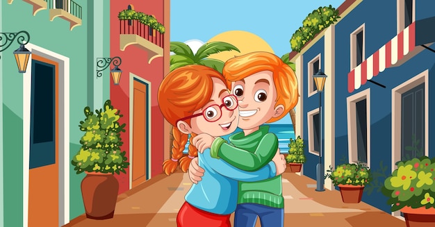 Free vector warm embrace on a sunny street