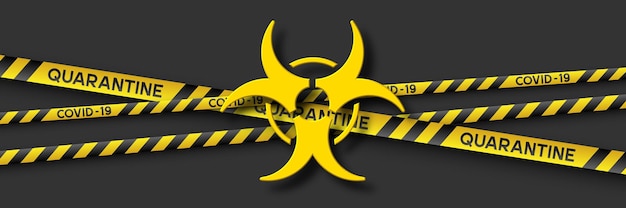 Free vector warning coronavirus quarantine banner with yellow and black stripes and 3d infection symbol. virus covid-19. black background. quarantine biohazard sign. vector.