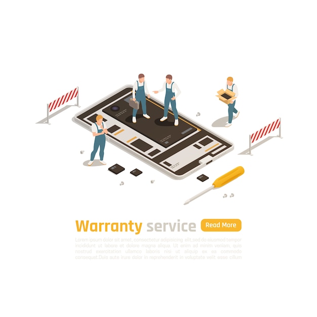 Free Vector warranty service isometric design concept with group of professionals engage in repair  and restoration electronic devices of high complexity