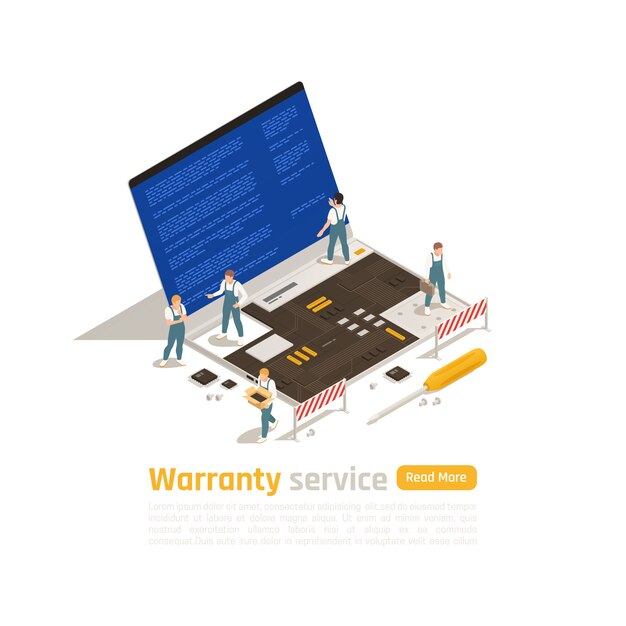 Warranty service isometric design concept with small figurines of technicians making repair of big laptop